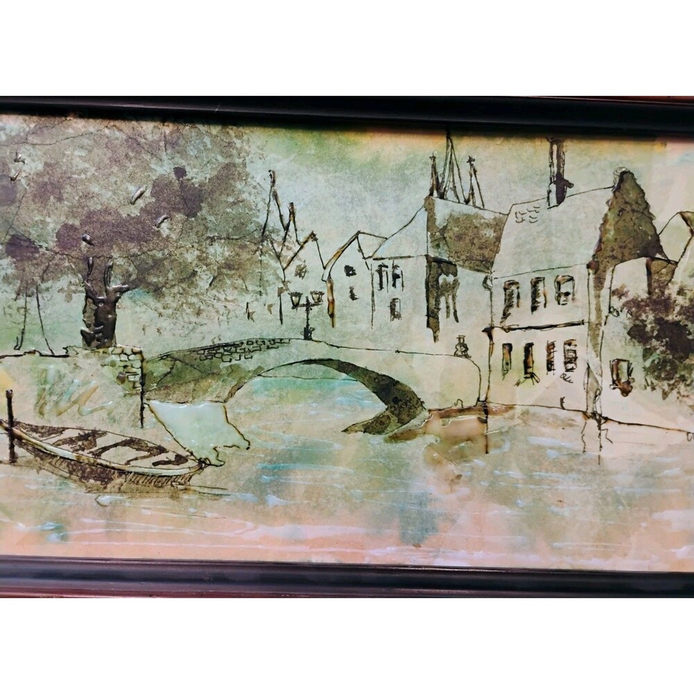 Vintage Murdock Mid Century Modern Panoramic Abstract Village Cityscape Painting